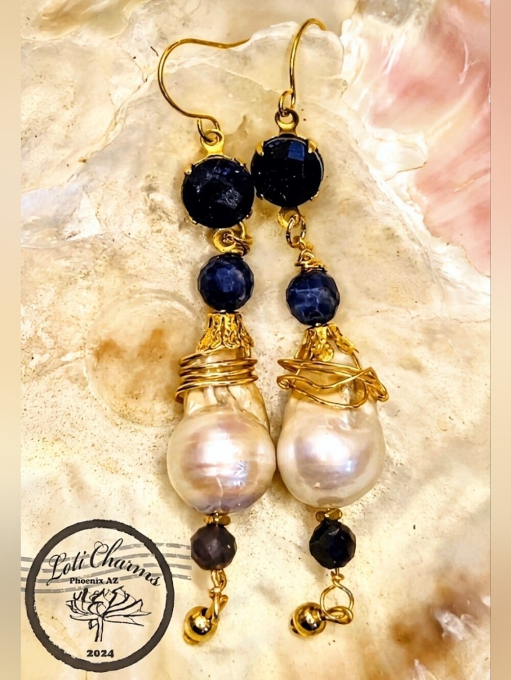 5.6  Natural Blue Sapphire In Long Gold Plated Earrings With Large Baroque Pearl